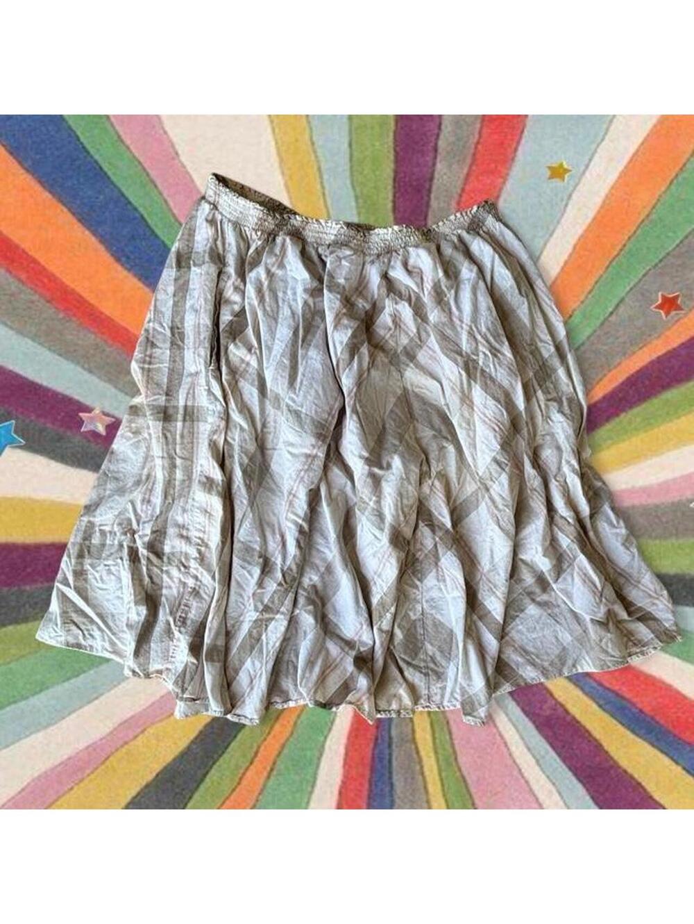 Vintage cream + tan plaid cotton midi skirt